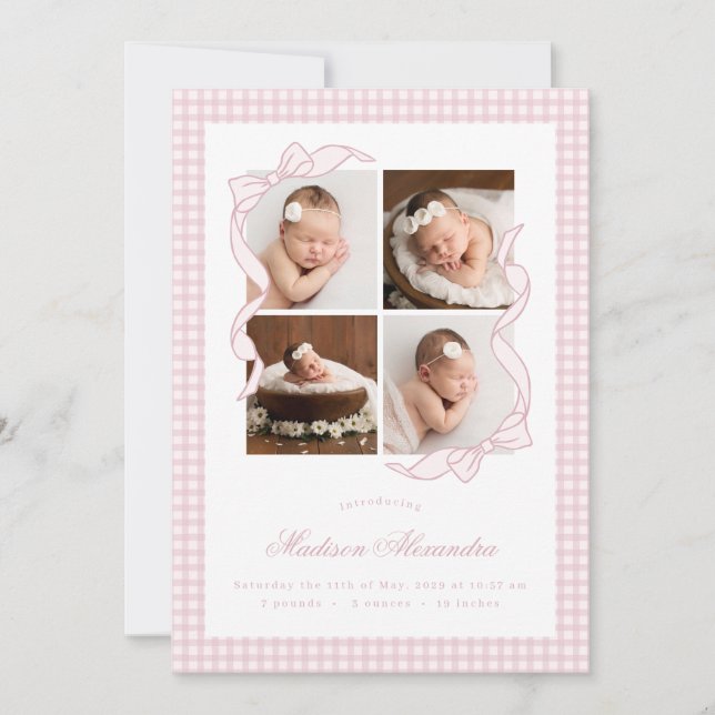 Gingham Bow 4 Frame Photo Birth Announcement Meddelande (Framsida)