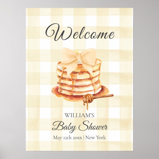 Gingham Bow Pancake Brunch Baby Shower Välkommen Poster (Framsidan)