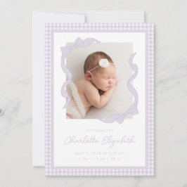Gingham Bow Photo Birth Announcement Meddelande
