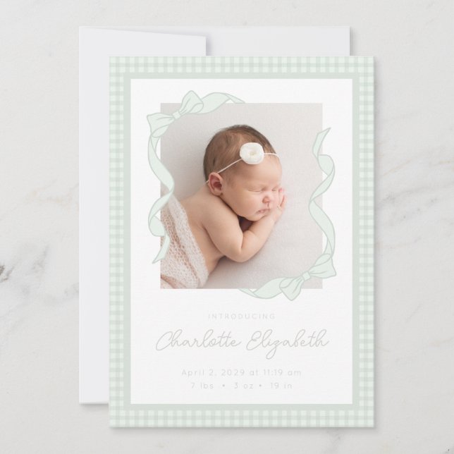 Gingham Bow Photo Birth Announcement Meddelande (Framsida)