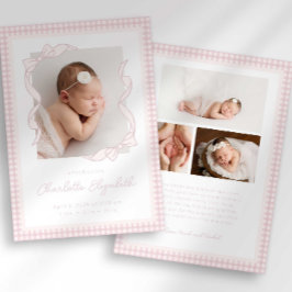 Gingham Bow Photo Birth Announcement Meddelande