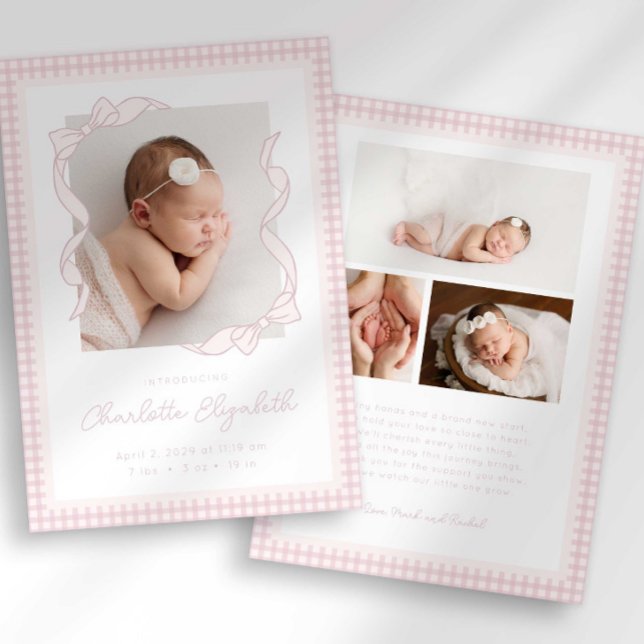 Gingham Bow Photo Birth Announcement Meddelande (Skapare uppladdad)