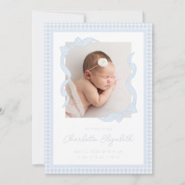 Gingham Bow Photo Birth Announcement Meddelande