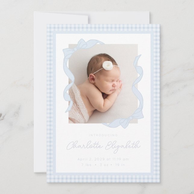 Gingham Bow Photo Birth Announcement Meddelande (Framsida)