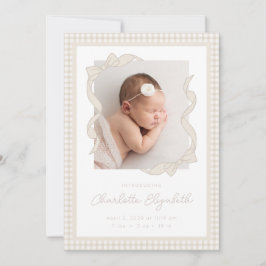 Gingham Bow Photo Birth Announcement Meddelande