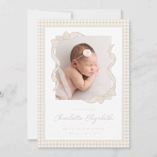 Gingham Bow Photo Birth Announcement Meddelande (Framsida)