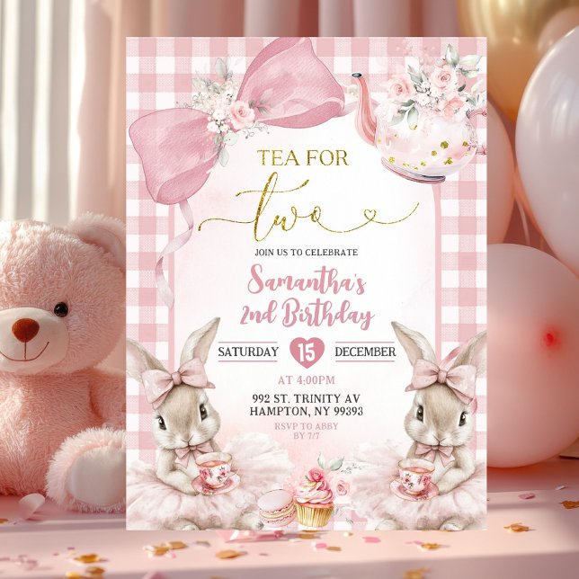 Gingham Bow Pink Bunny Tea Party Second Birthday I Inbjudningar (Skapare uppladdad)