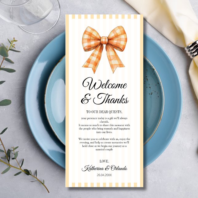 Gingham Bow Wedding Place Setting Thank You Card Program (Skapare uppladdad)