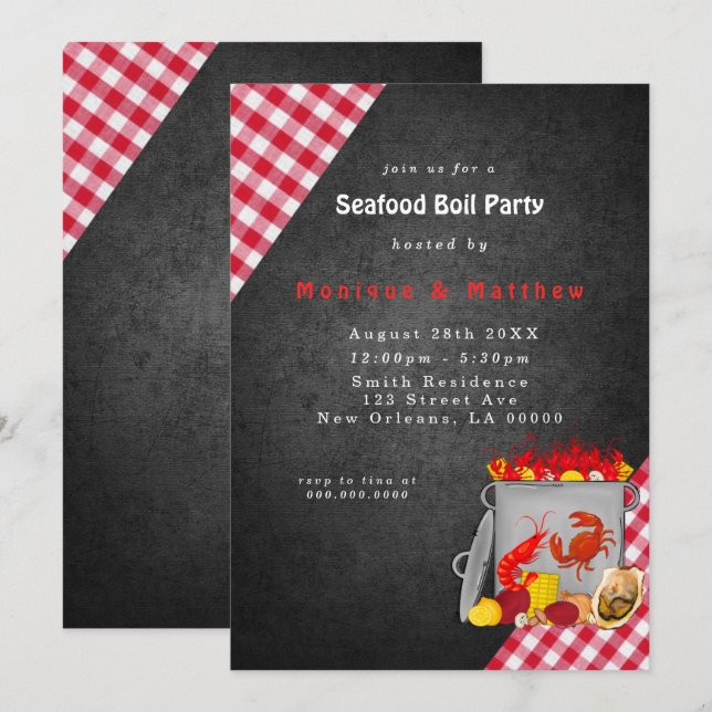Gingham Chalkboard Seafood Boil Party Inbjudningar (Fram/baksida)