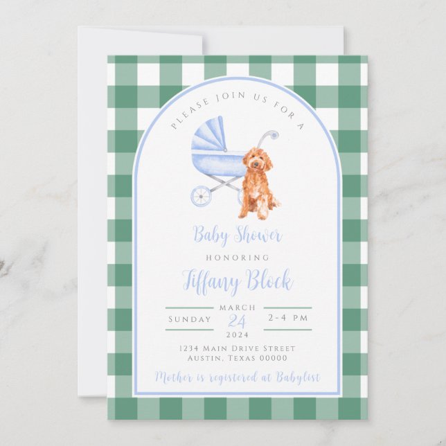 Gingham Check Hund Boy Baby Shower-inbjudan Inbjudningar (Framsida)