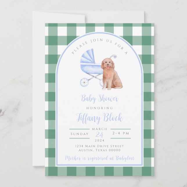 Gingham Check Hund Boy Baby Shower-inbjudan Inbjudningar (Framsida)