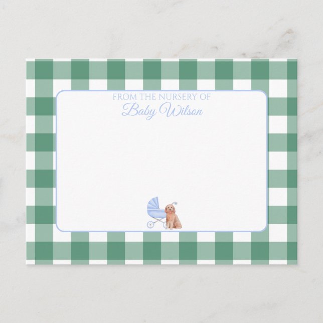Gingham Check Hund Boy Baby Shower Tackkort Vykort (Framsida)