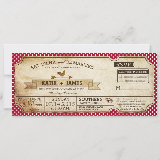 Gingham Check Land Picnic Bröllop Fransk Inbjudningar (Framsida)