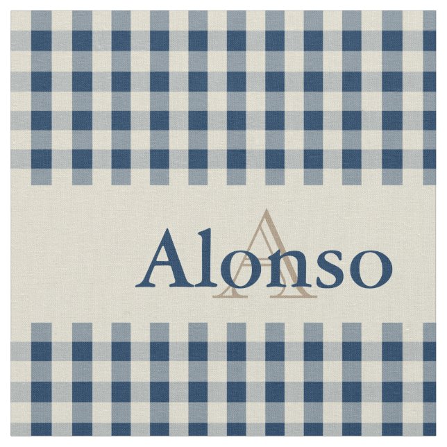 Gingham Check Mönster Monogram Navy Blue Beige Tyg (Närbild)