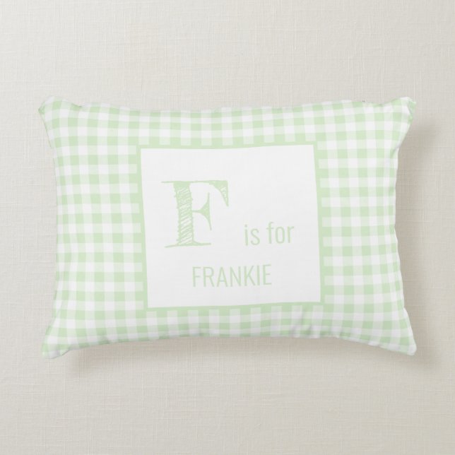 Gingham Check Pastel Mint Grönt & White Monogram Prydnadskudde (Framsidan)