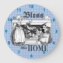 Gingham checkar blå och vit Bless Hemklockan Stor Klocka