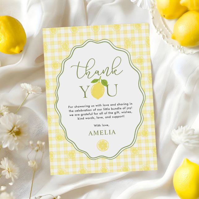 Gingham Citron Citrus Tematiserad Babyfirande Tack Kort (Skapare uppladdad)