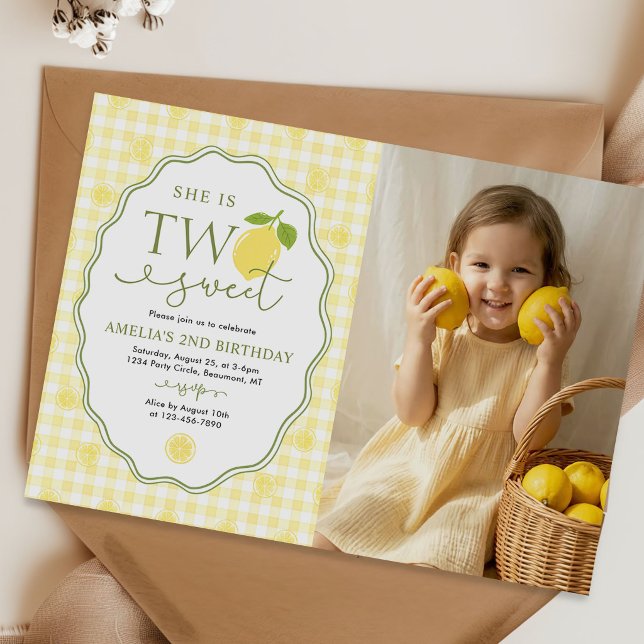 Gingham Citron Citrus Tematisk 2-års Födelsedagsfo Inbjudningar (Skapare uppladdad)