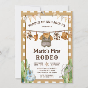 Gingham Clothesline My First Rodeo Cowboy Birthday Inbjudningar