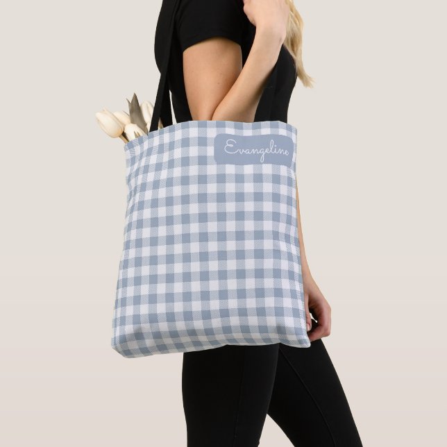 Gingham Coastal Randig Preppy Rutig Blå Vit Namn Tygkasse (Närbild)