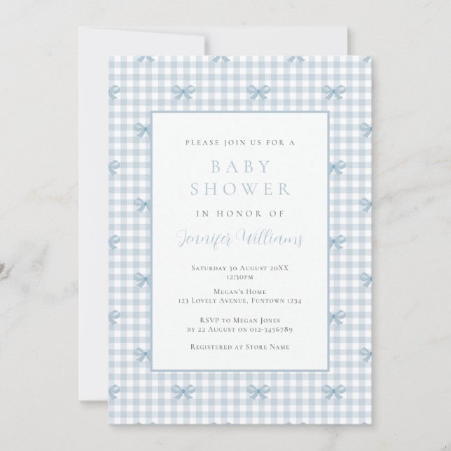 Gingham Coquette Blå Pojke Bebis Shower Inbjudan (Framsida)