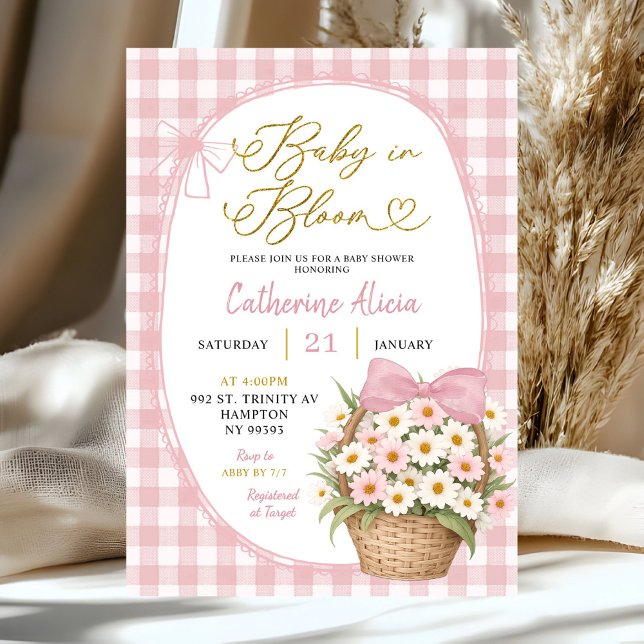 Gingham Coquette Daisy Baby i Blom Baby Shower Inbjudningar (Skapare uppladdad)