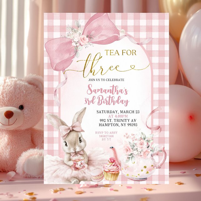 Gingham Coquette Pink Floral Bunny Third Birthday Inbjudningar (Skapare uppladdad)
