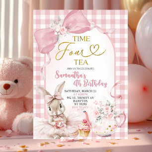 Gingham Coquette Rosa Blommig Kanin Fjärde Födelse Inbjudningar