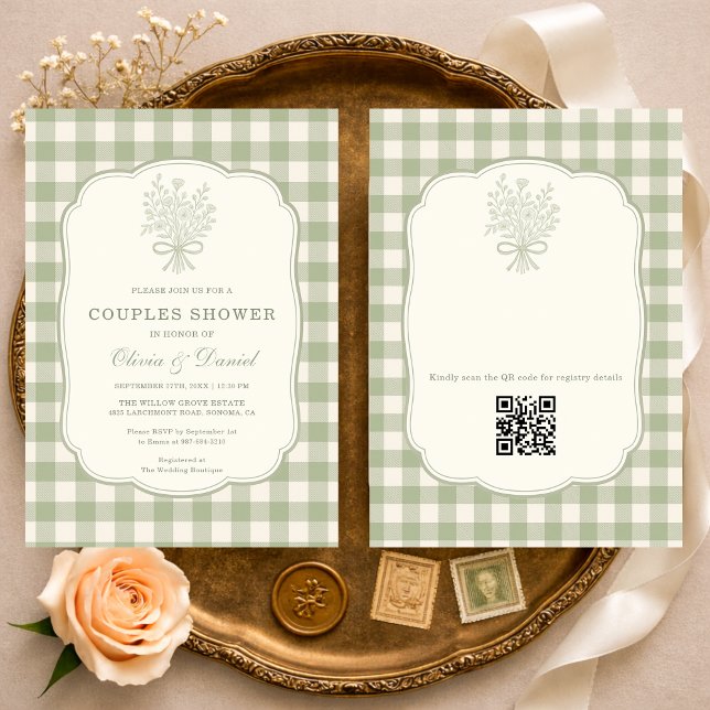 Gingham Couples Shower Floral Bow QR Code Inbjudningar (Skapare uppladdad)
