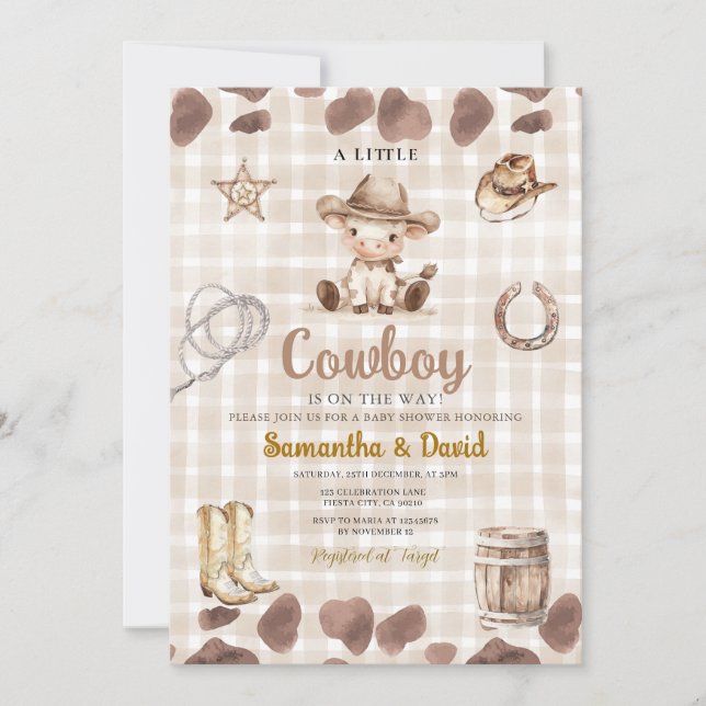 Gingham Cowboy är på väg Baby Shower  Inbjudningar (Framsida)