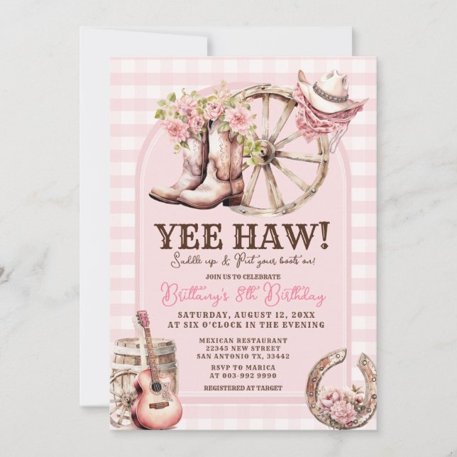 Gingham Cowgirl Western 8TH Birthday Inbjudningar (Framsida)