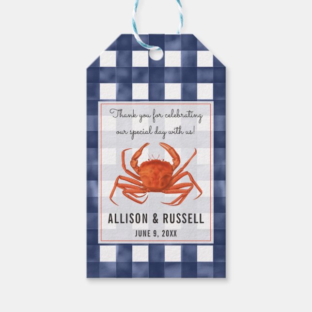 Gingham Crab Coastal Bröllop Presentetikett (Framsidan)