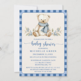 Gingham Cute Nalle Beige Baby Shower Inbjudningar