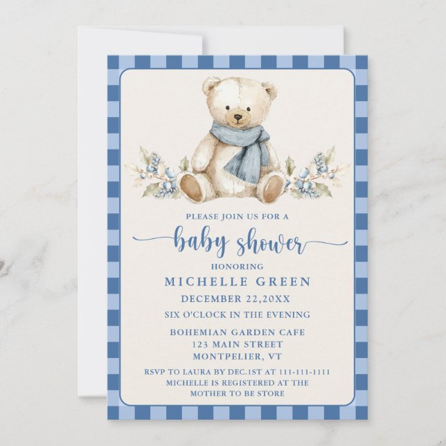 Gingham Cute Nalle Beige Baby Shower Inbjudningar (Framsida)