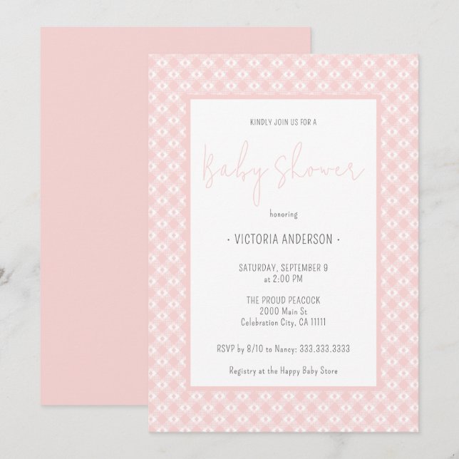 Gingham Cute Pastel Rosa Girl Baby Shower Inbjudningar (Fram/baksida)