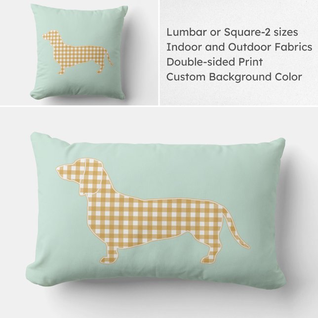 Gingham Dachshund Siluett Kudd - Mint och Tan Lumbarkudde (Gingham Dachshund lumbar or square pillow available in indoor and outdoor fabrics. Custom colors.)