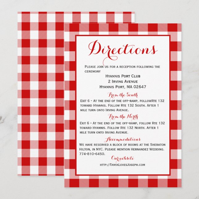 Gingham Directions Details Red White Check Bröllop Inbjudningar (Fram/baksida)