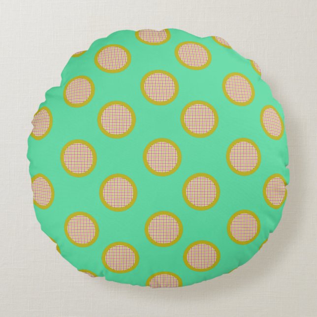 Gingham Dots, Grönt Round Pillow Rund Kudde (Framsidan)