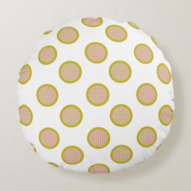 Gingham Dots, White Round Pillow Rund Kudde (Framsidan)