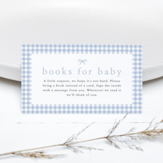 Gingham Dusty Blue Boys Bokar for Baby Shower Tilläggskort (Dusty Blue Gingham Boys Baby Shower Books for Baby Enclosure Card.)