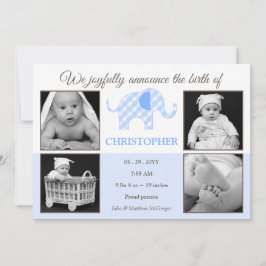 Gingham Elephant Pojke Photo Birth Announcement Meddelande