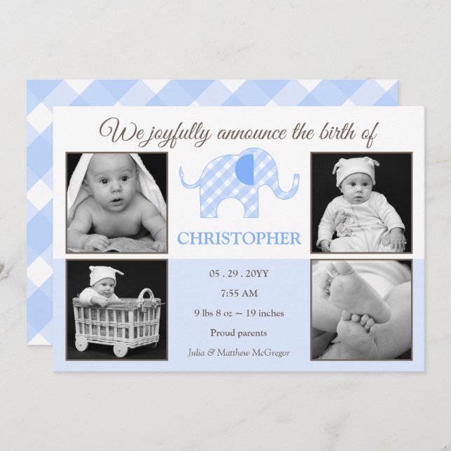 Gingham Elephant Pojke Photo Birth Announcement Meddelande (Fram/baksida)