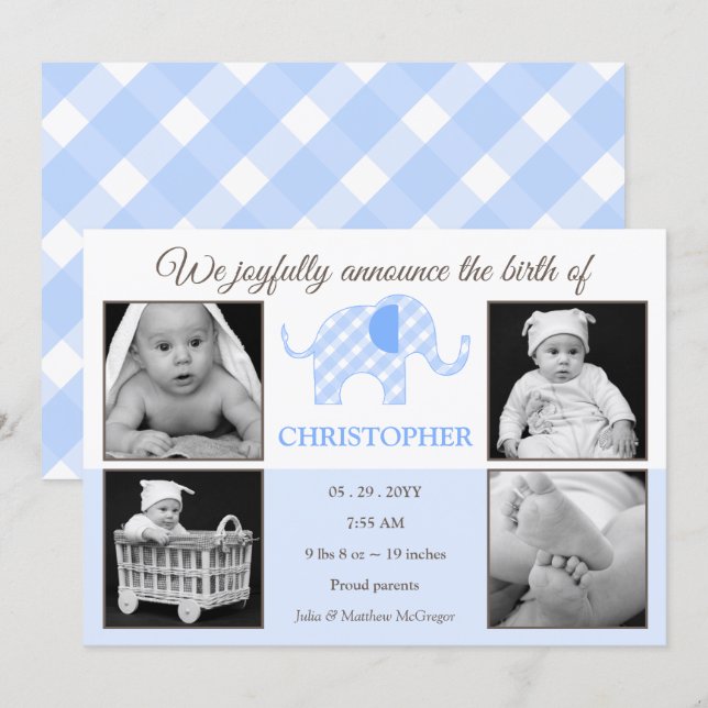 Gingham Elephant Pojke Photo Birth Announcement Meddelande (Fram/baksida)