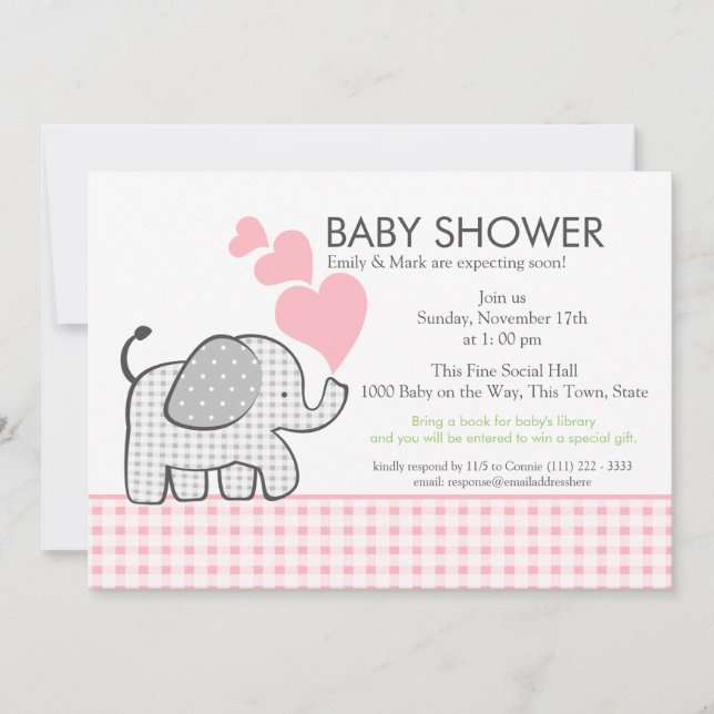 Gingham Elephant Rosa Baby Shower Inbjudningar (Framsida)