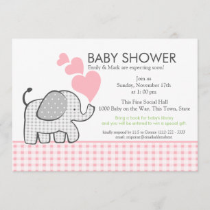 Gingham Elephant Rosa Baby Shower Inbjudningar