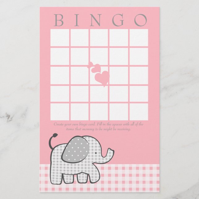 Gingham Elephant Rosa Bingo Card (Framsida)