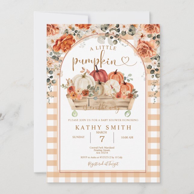 Gingham En liten pumpkin är på väg som Baby Shower Inbjudningar (Framsida)
