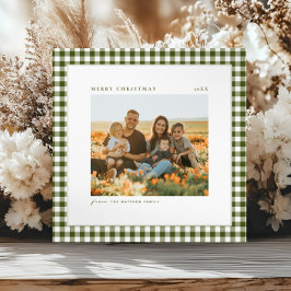 Gingham Family Photo med tidslös och enkel Grönt Julkort