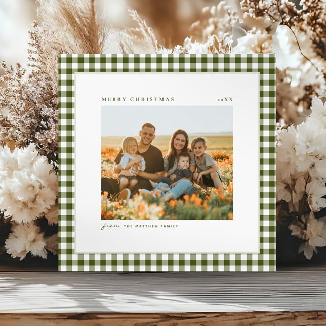 Gingham Family Photo med tidslös och enkel Grönt Julkort (Skapare uppladdad)