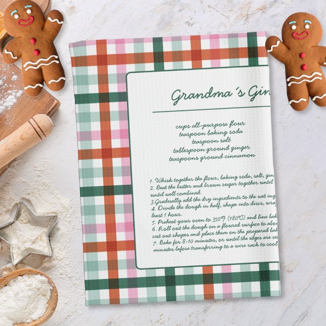 Gingham Family Recipe Keepsaké Kökshandduk (Christmas Recipe Kitchen Towel with a modern plaid pattern. Add your recipe personalized keepsake.)